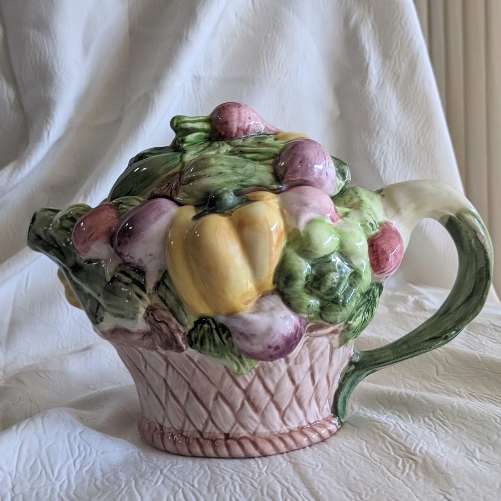 Vintage Tea Pot Ceramic Vegetable Motif Wicker Basket Handle World Bazaar
